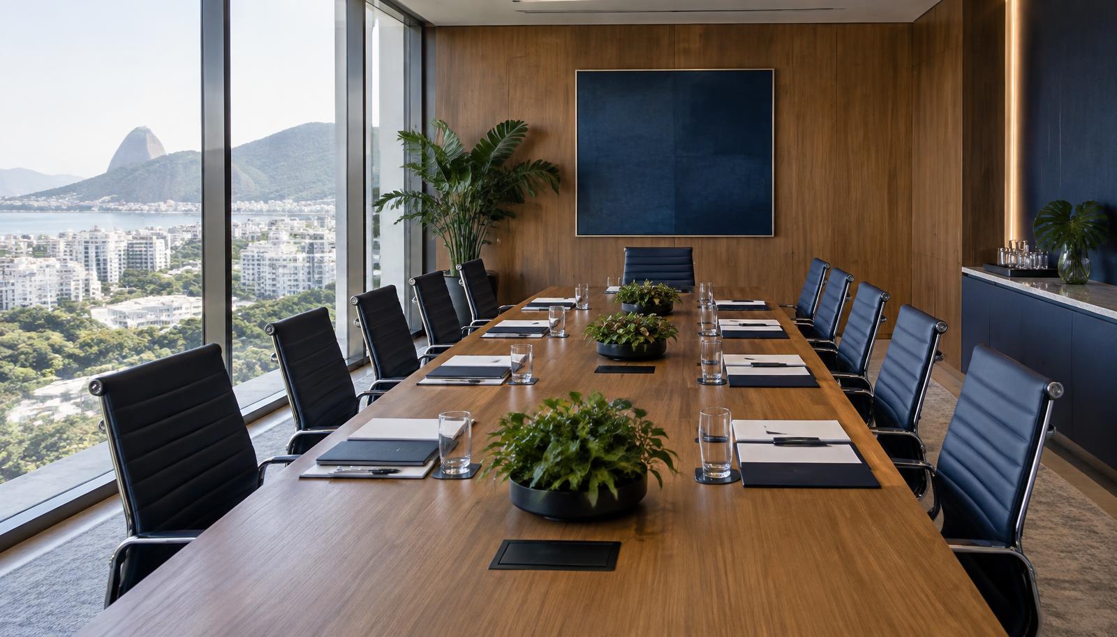 Sala de conselho preparada para análise e planejamento